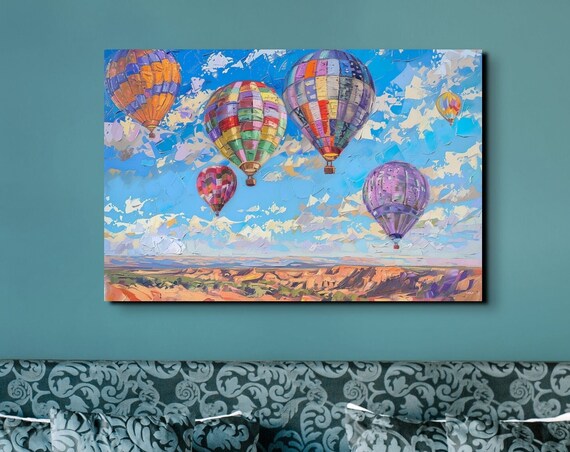 Southwestern Desert Hot Air Balloon Ready To Hang Wall Art Print Retro Wall Art Colorful Wall Art