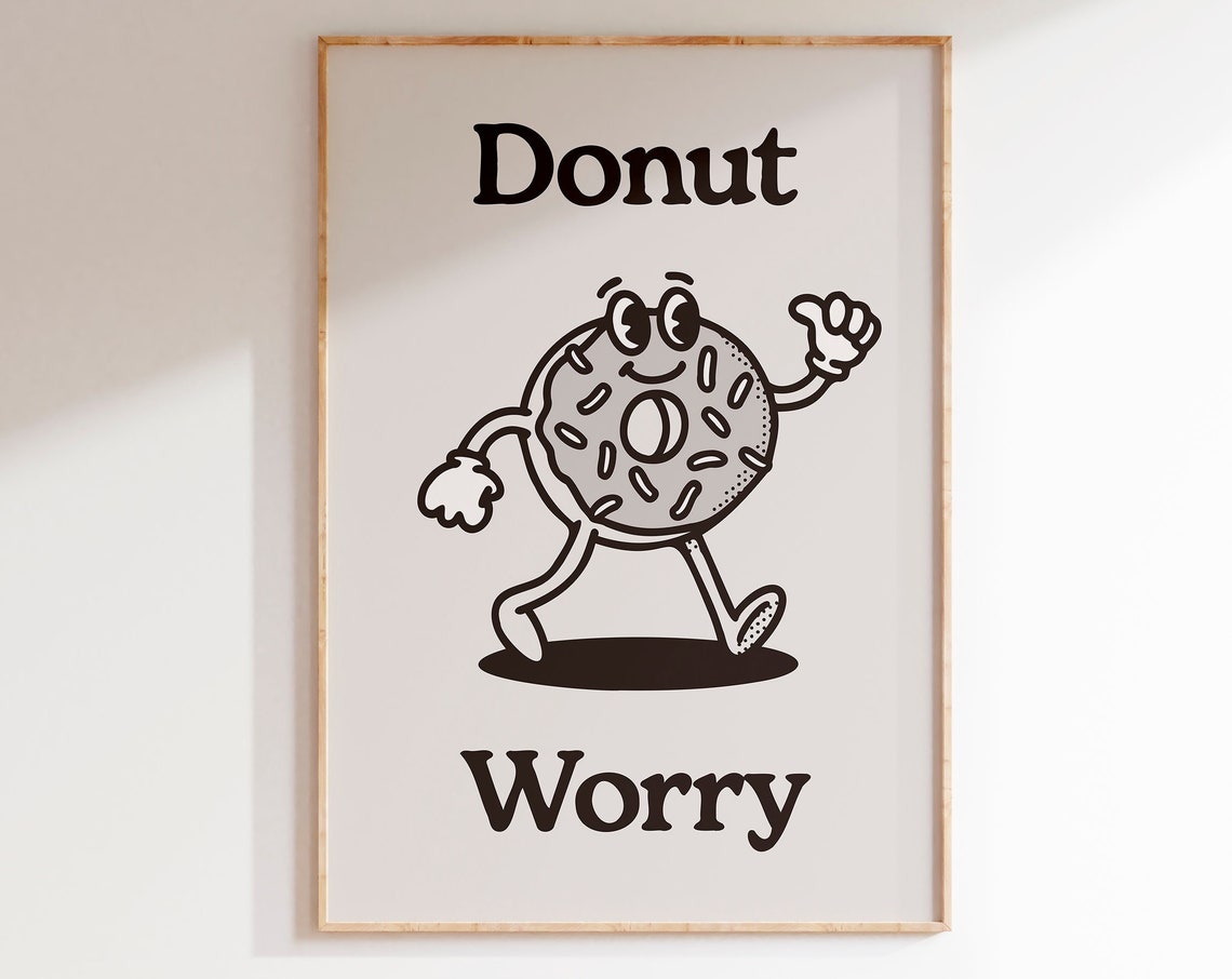 Donut Worry Black Monochrome Retro Donut Mascot Fun Art Poster