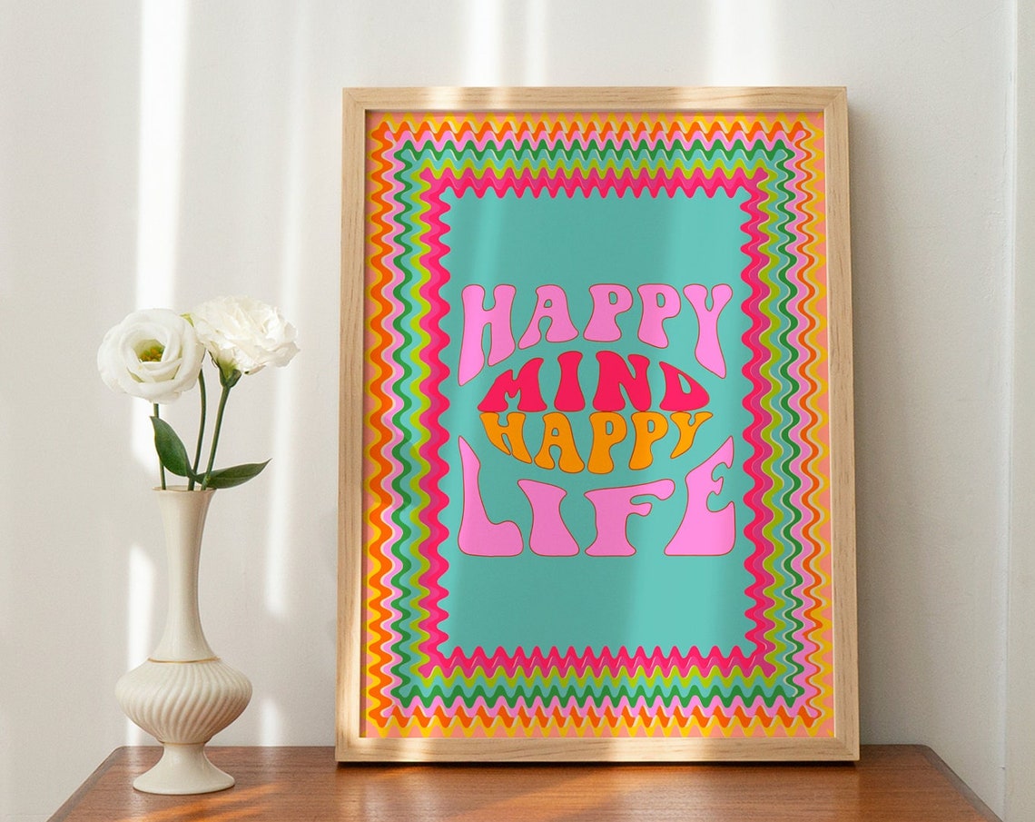 Happy Mind Happy Life Groovy Retro Quote Lettering Wall Poster - Image 3