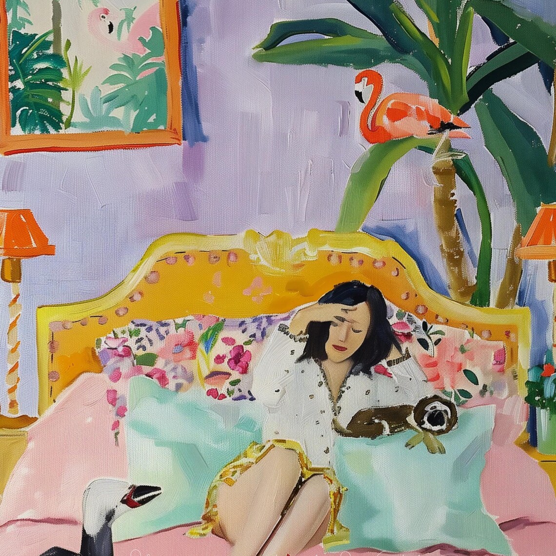 Woman Lounging in a Tropical Bedroom With a Sloth and Flamingo Poster