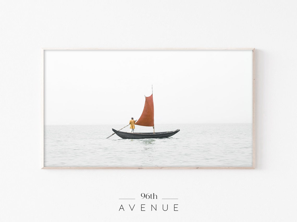 Lonely Sailboat Rust Red Sail Calm Gray Sea Minimalist Print