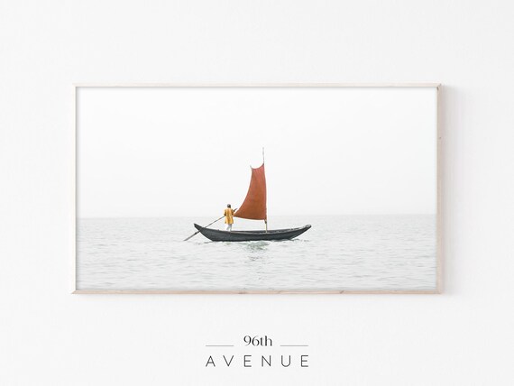 Lonely Sailboat Rust Red Sail Calm Gray Sea Minimalist Print