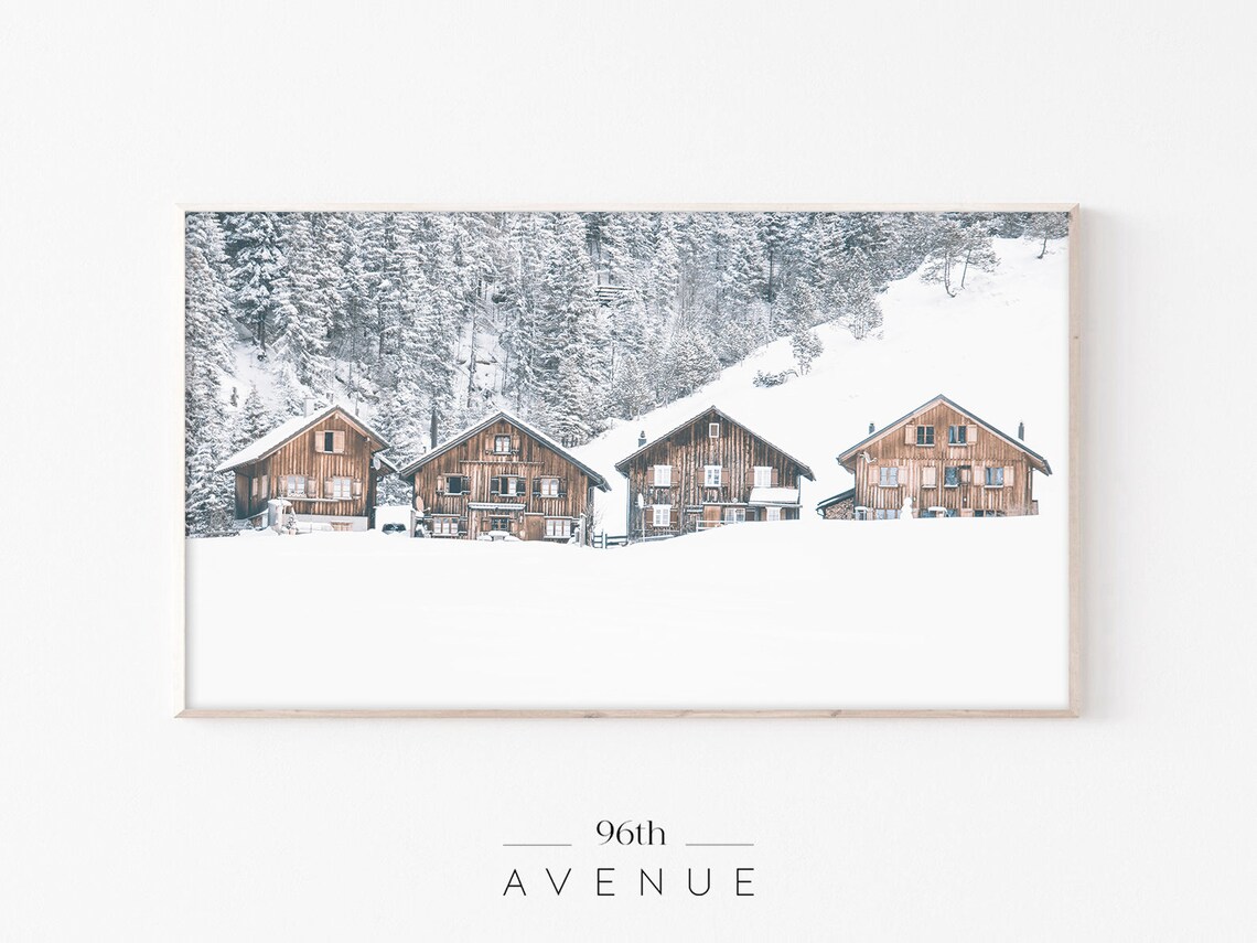 Snowy Wooden Chalets in a Winter Alpine Forest Scene Art Poster
