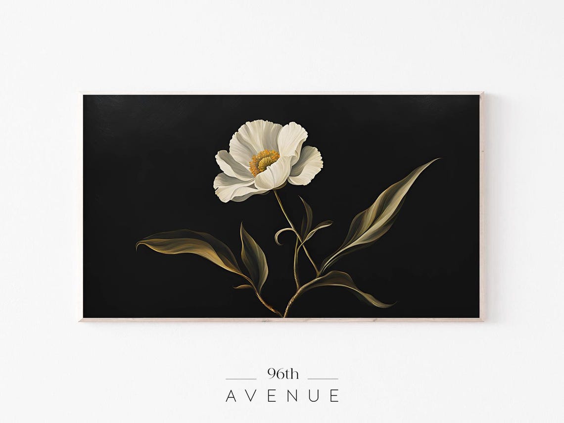 White Peony Flower On Black Moody Botanical Floral Painting Print