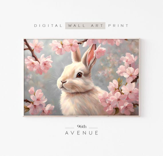 Cute Easter Bunny Painting Wall Art Pastel Pink Spring Rabbit Vintage Blossom Art Print 1102