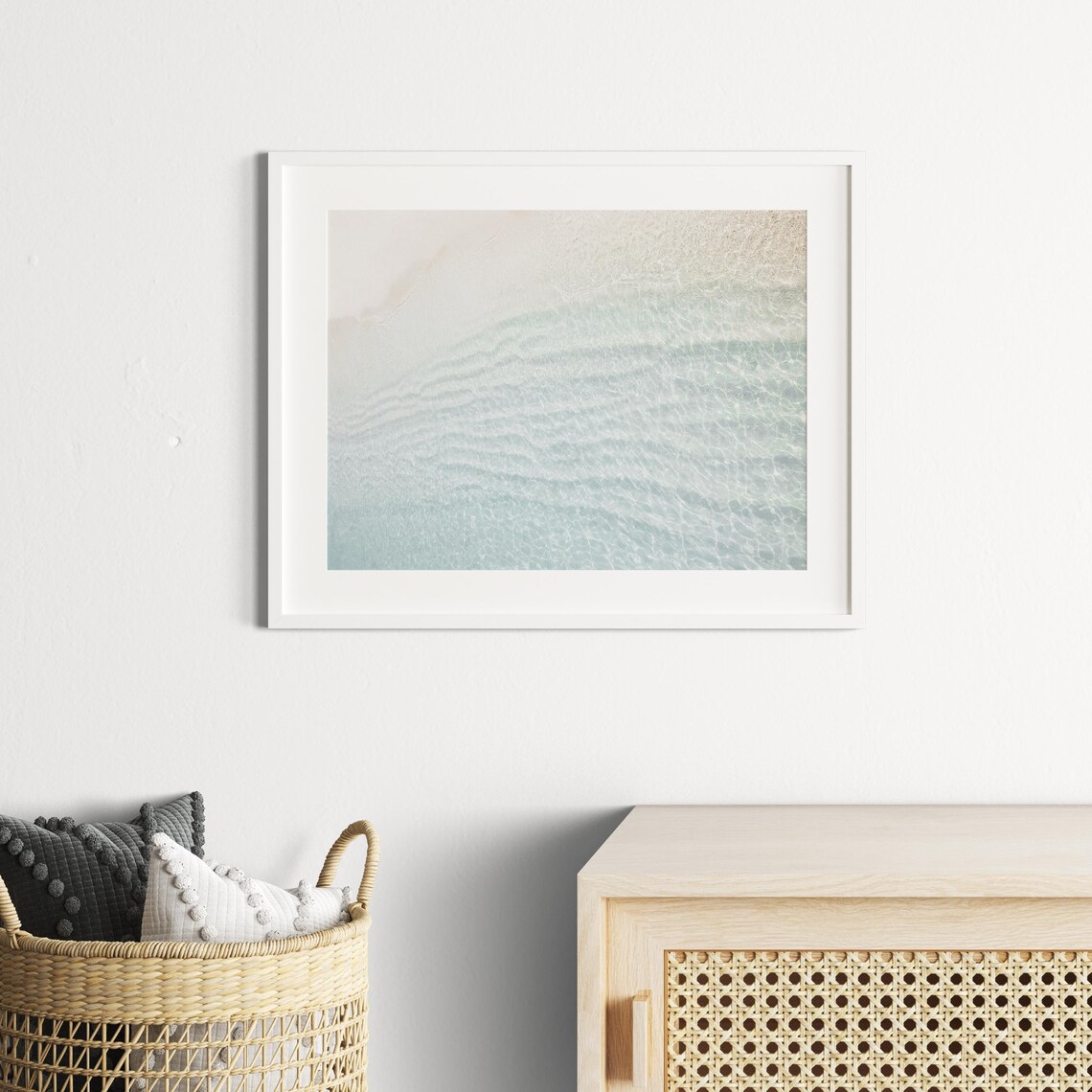 Aerial Clear Turquoise Water Over White Sand Minimal Beach Travel Poster - Image 2