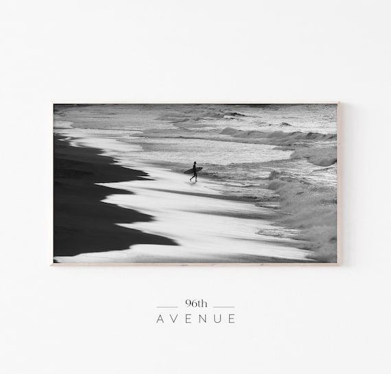 Black and White Surfer Walking into Waves Beach Photo Poster
