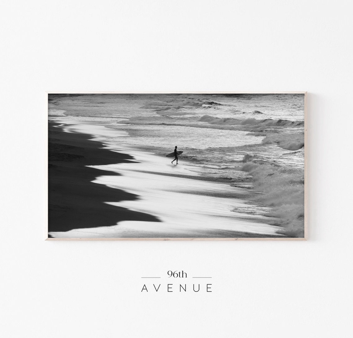 Black and White Surfer Walking into Waves Beach Photo Poster