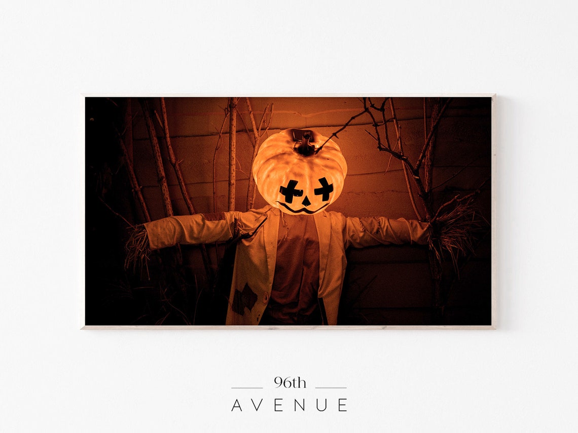 Glowing Pumpkin Head Scarecrow Dark Barn Spooky Halloween Poster