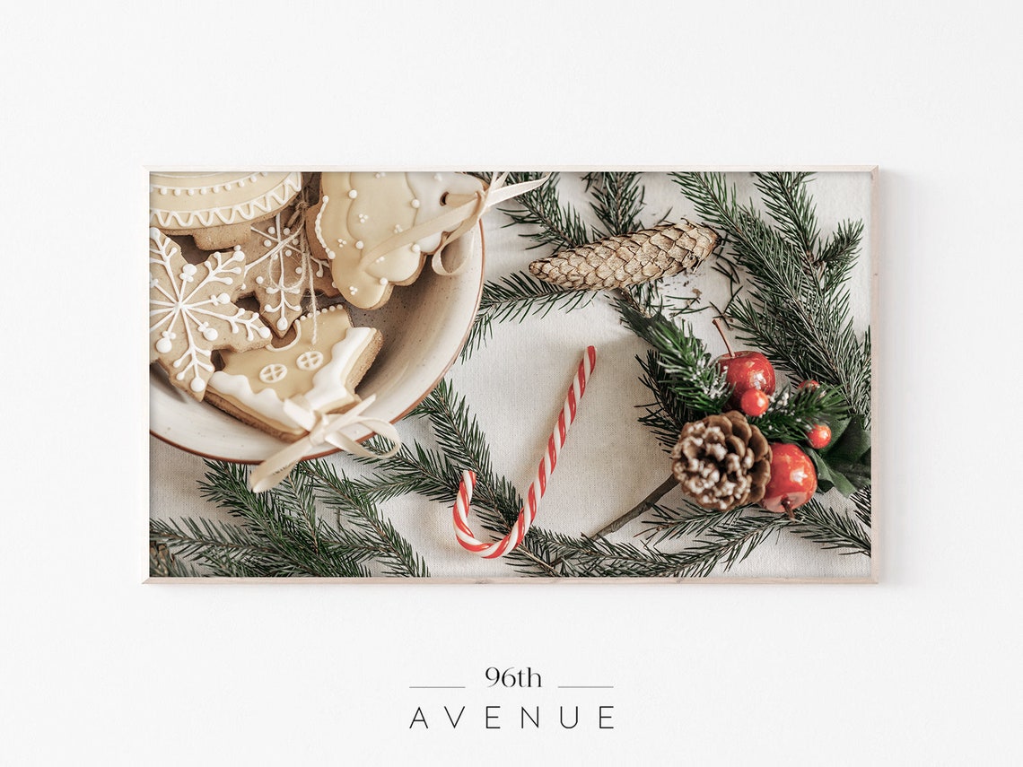 Christmas Iced Cookies Flat Lay With Candy Cane and Pine Poster