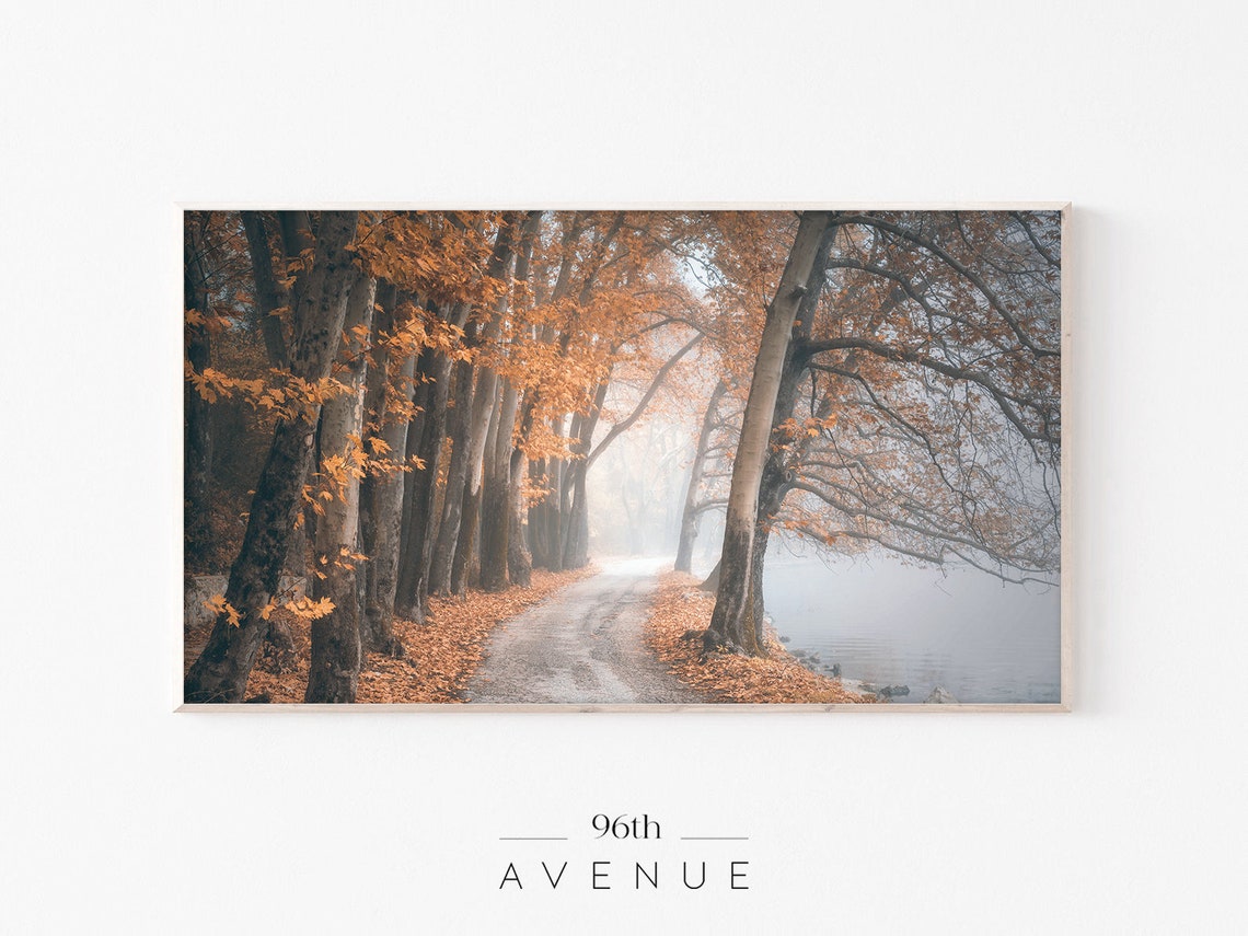 Misty Autumn Lakeside Road Orange Trees Foggy Nature Landscape Poster