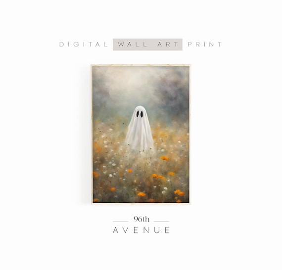 Cute Ghost in Wildflower Field with Autumn Blooms Halloween Wall Art