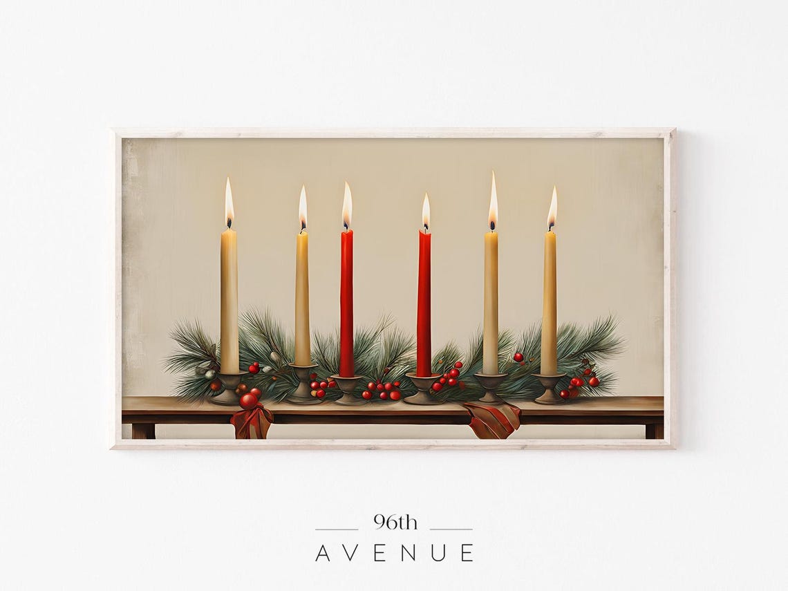 Lit Taper Candles with Pine and Berries Christmas Mantel Poster