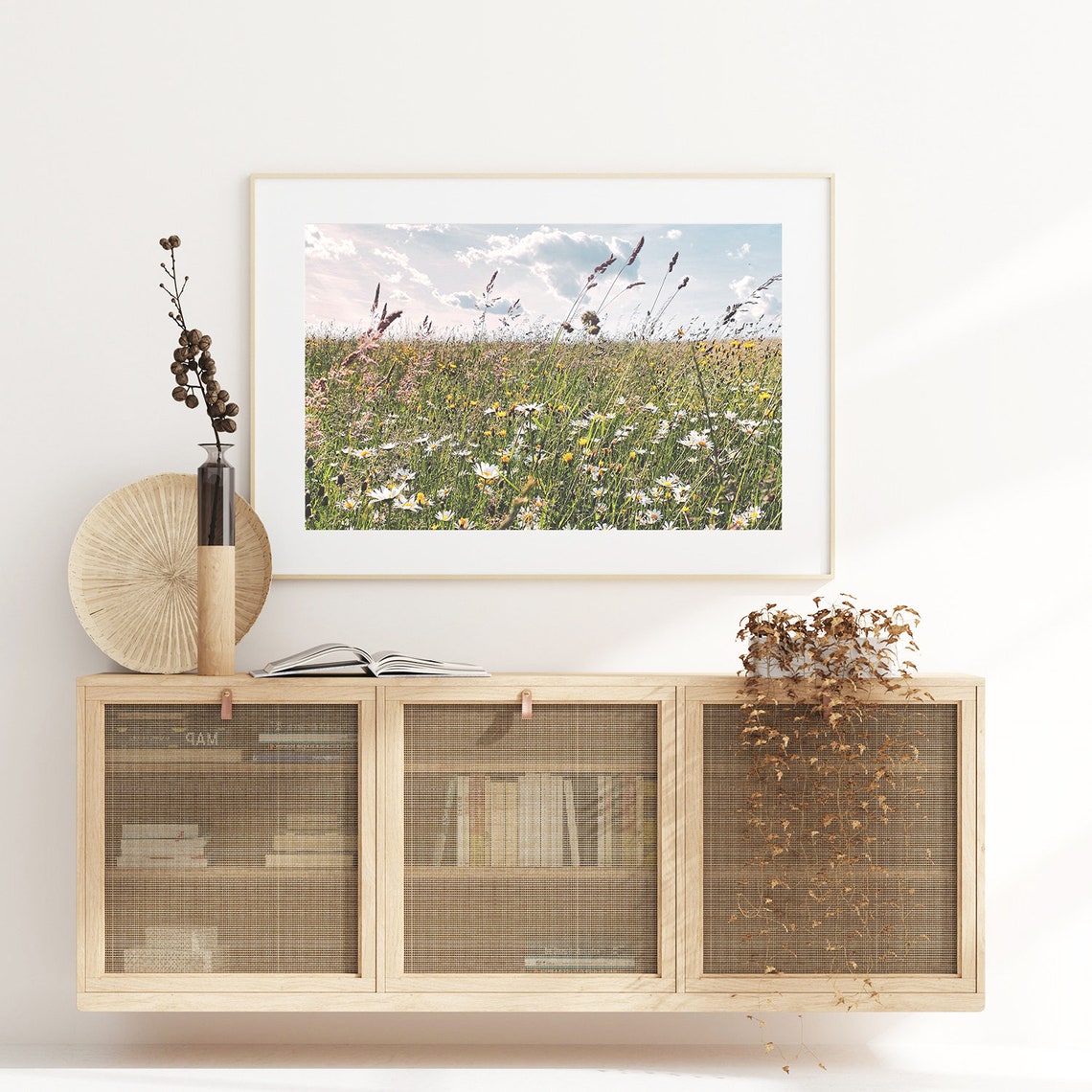 Summer Wildflower Meadow with Daisies Blue Sky Photography Poster - Image 2
