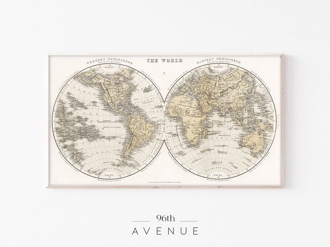 Antique World Map Western Eastern Hemisphere Vintage Map Poster