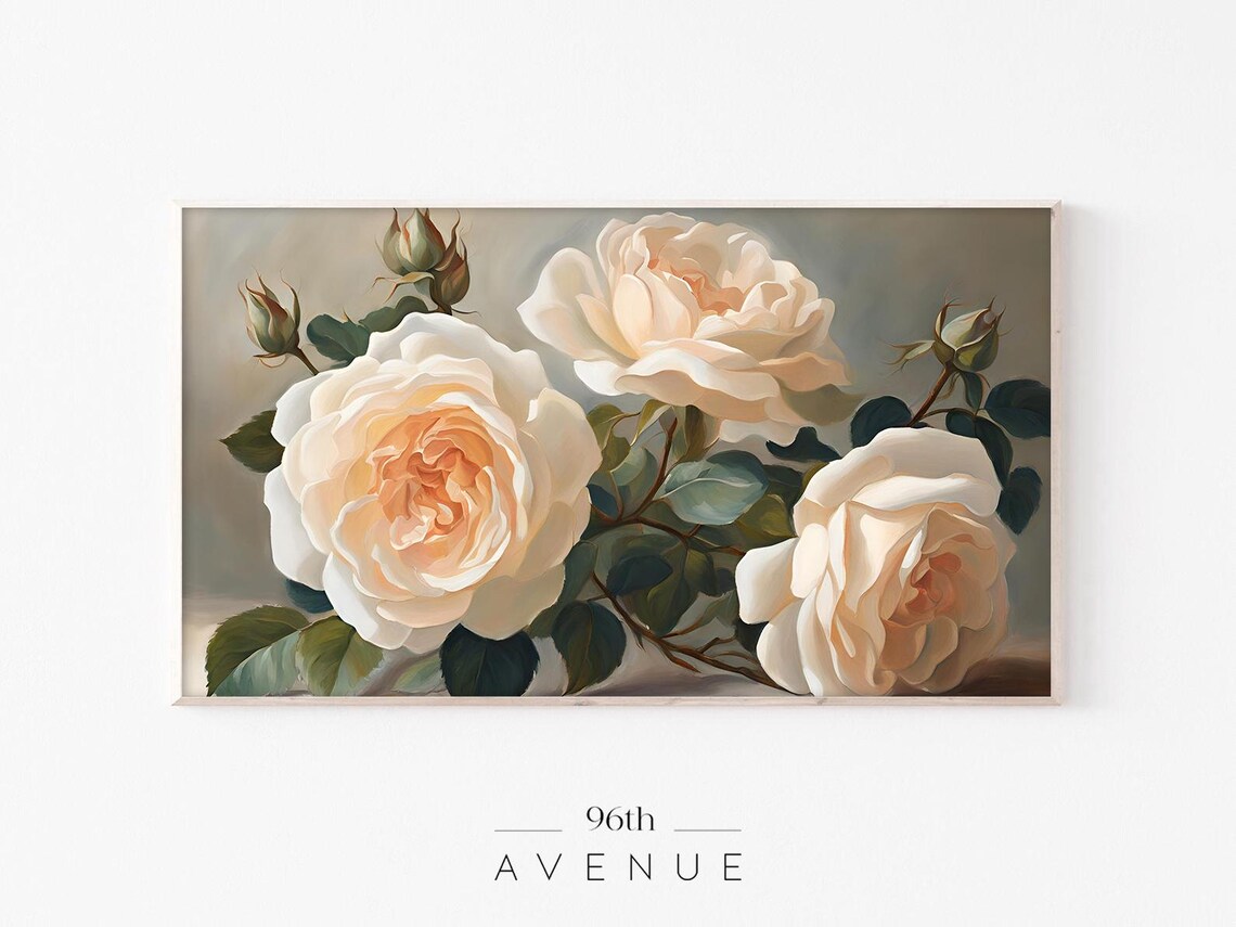 Vintage Cream Roses Floral Oil Painting Antique French Style Wall Art