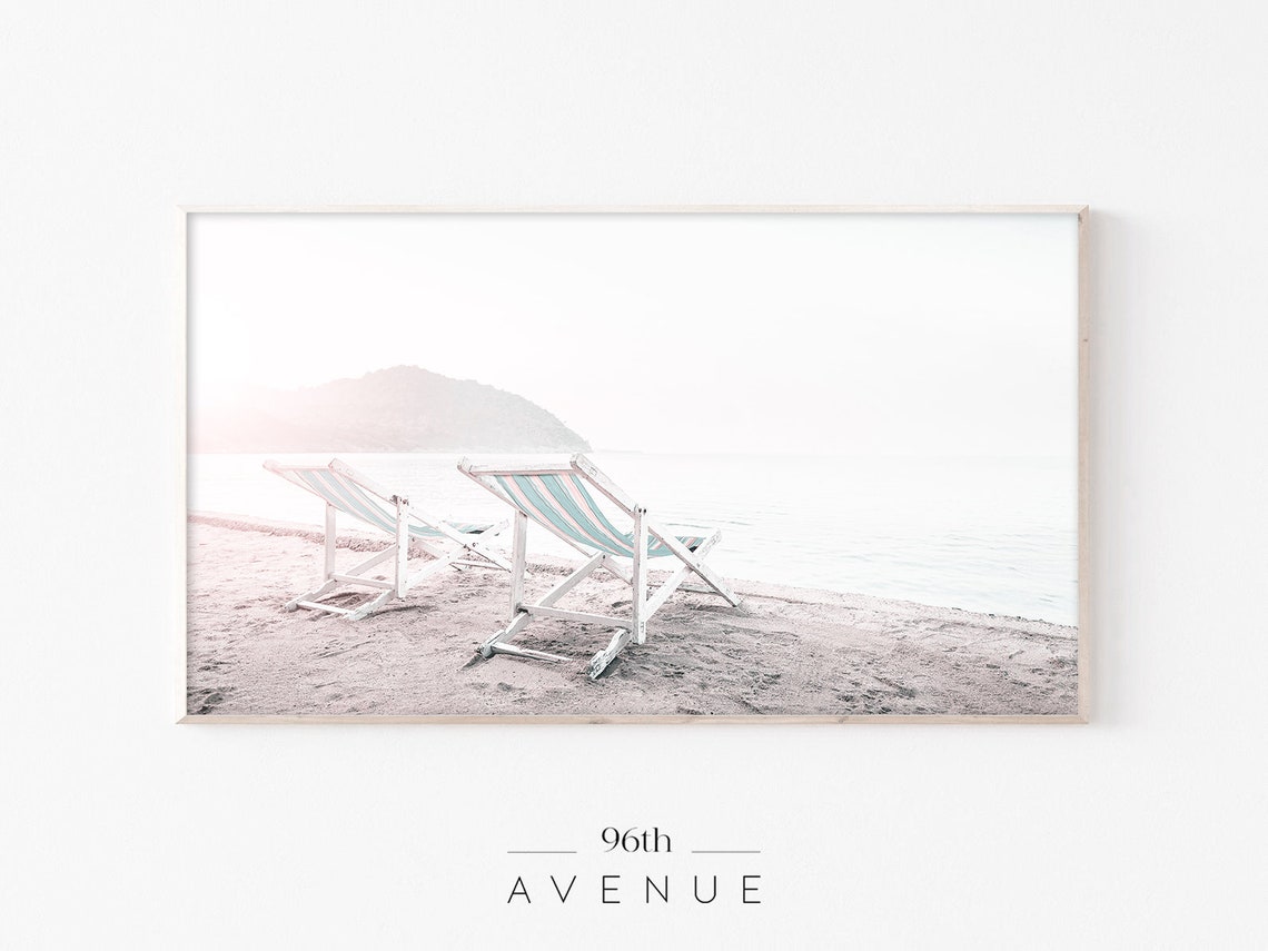 Striped Deck Chairs on a Quiet Beach Soft Pastel Coast Poster