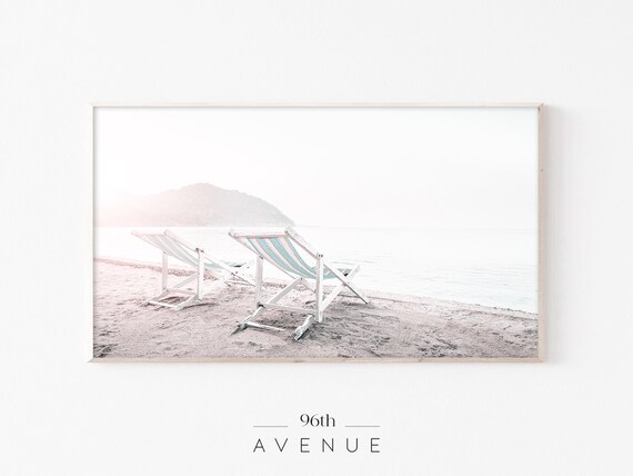 Striped Deck Chairs on a Quiet Beach Soft Pastel Coast Poster