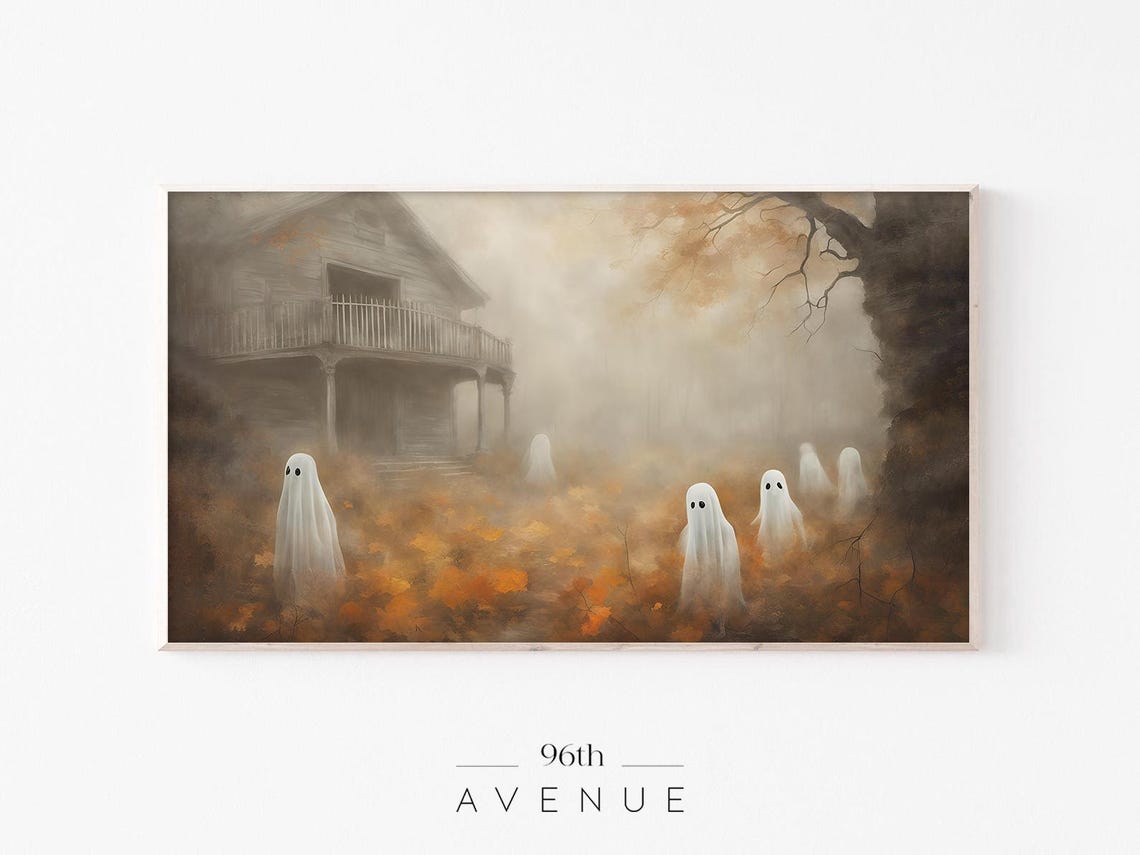 Halloween Frame Tv Art Spooky Ghosts Vintage Haunted House Cute Ghosts Painting Art For Tv