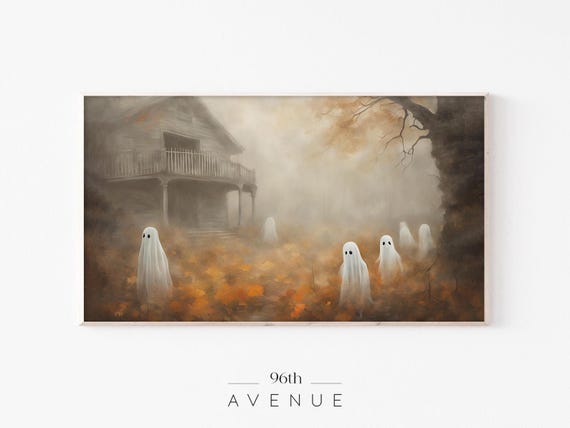 Halloween Frame Tv Art Spooky Ghosts Vintage Haunted House Cute Ghosts Painting Art For Tv