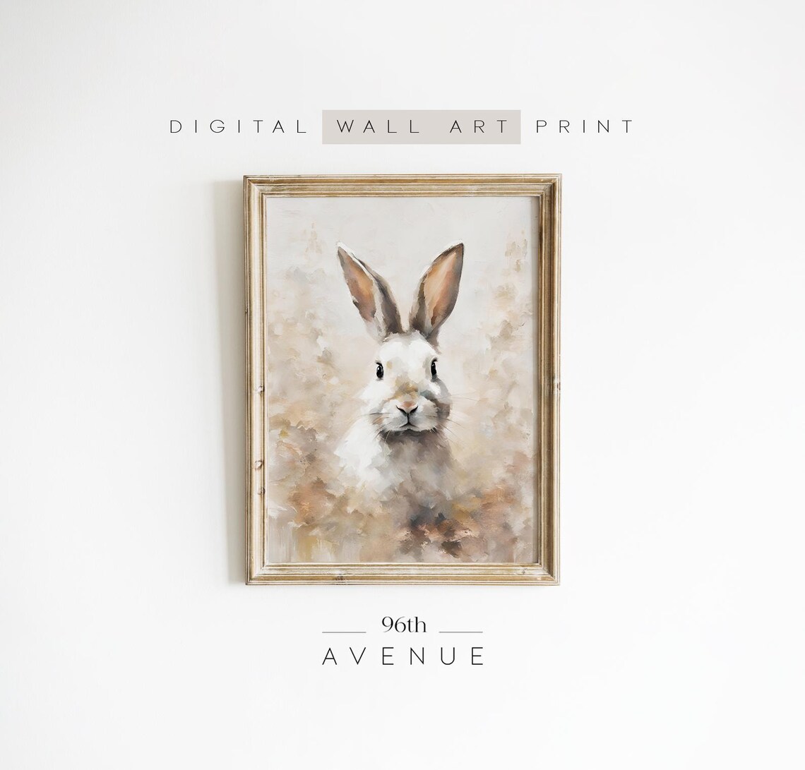 White Rabbit Portrait Neutral Beige Vintage Style Animal Wall Art
