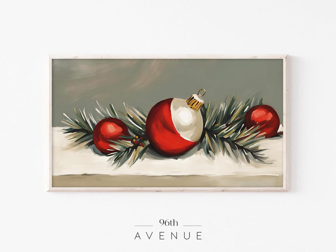 Red And White Christmas Ornaments Resting On Pine Garland Art Poster
