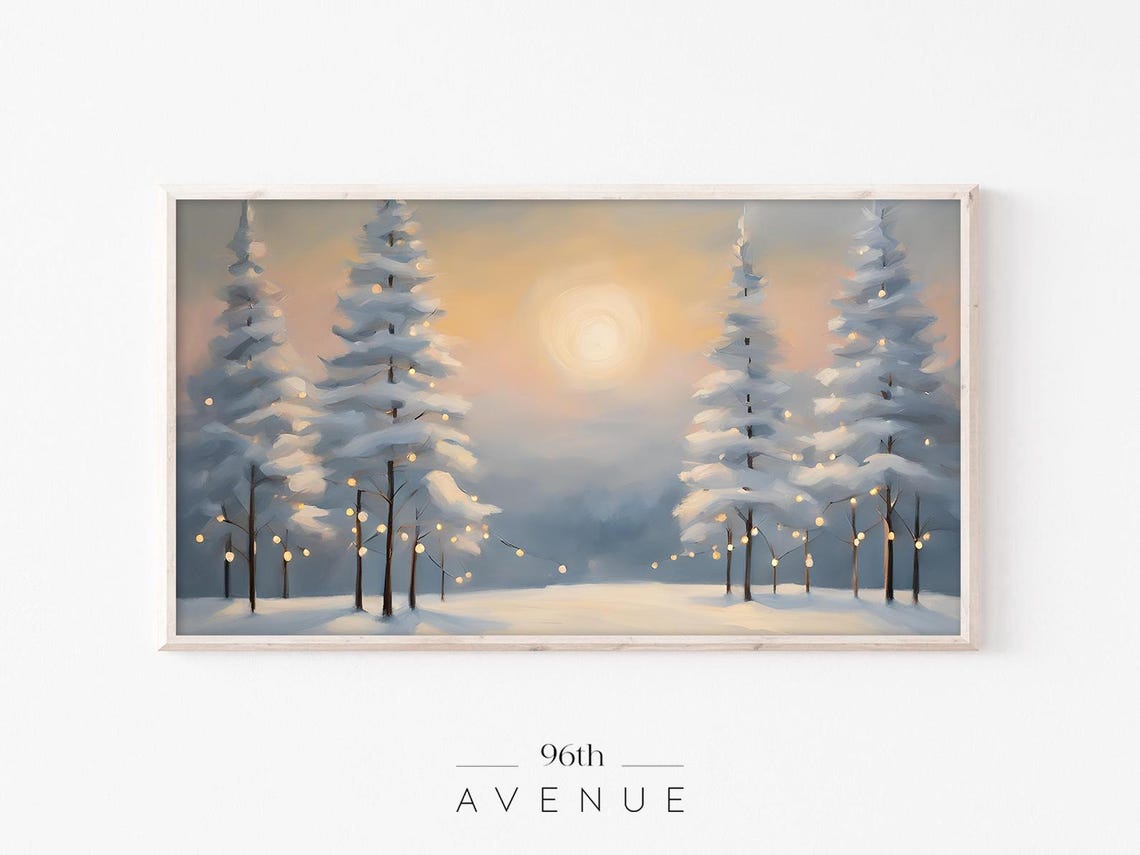 Snowy Forest Trees With String Lights at Sunset Winter Print