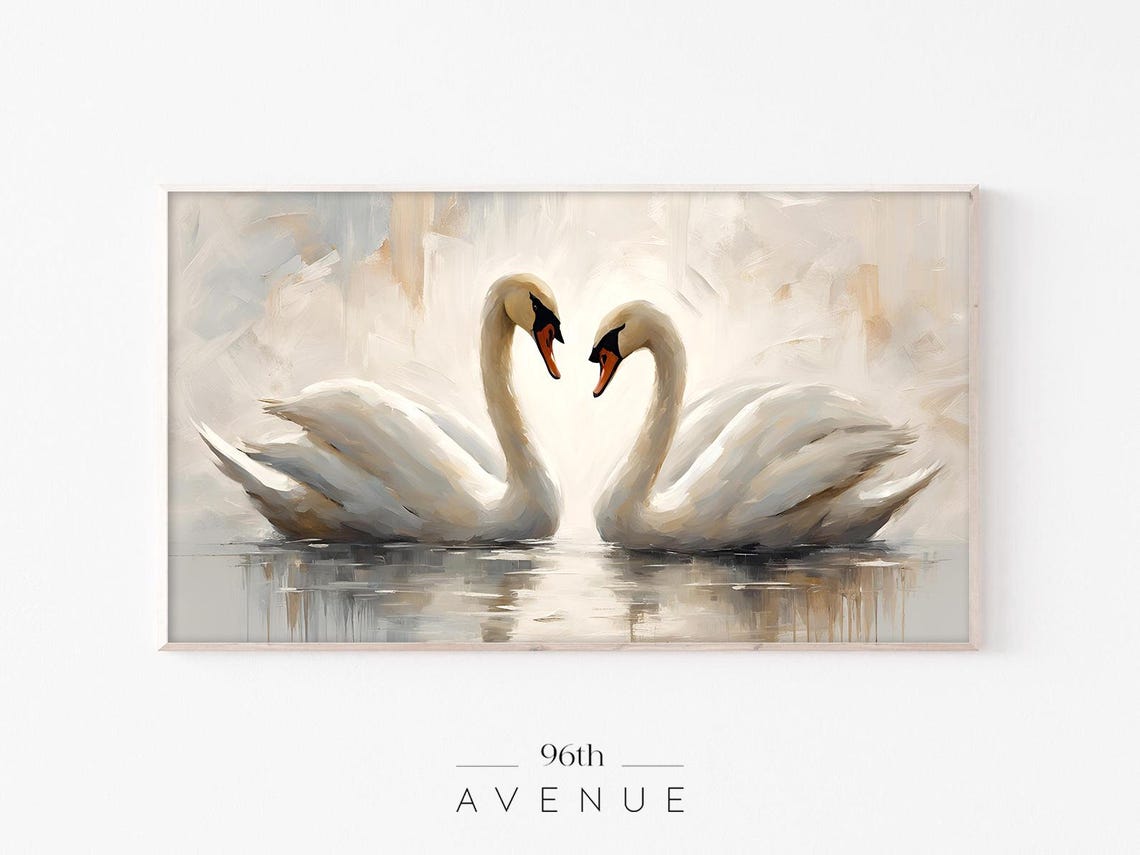 Two White Swans Facing Each Other On Calm Lake Art Print Poster
