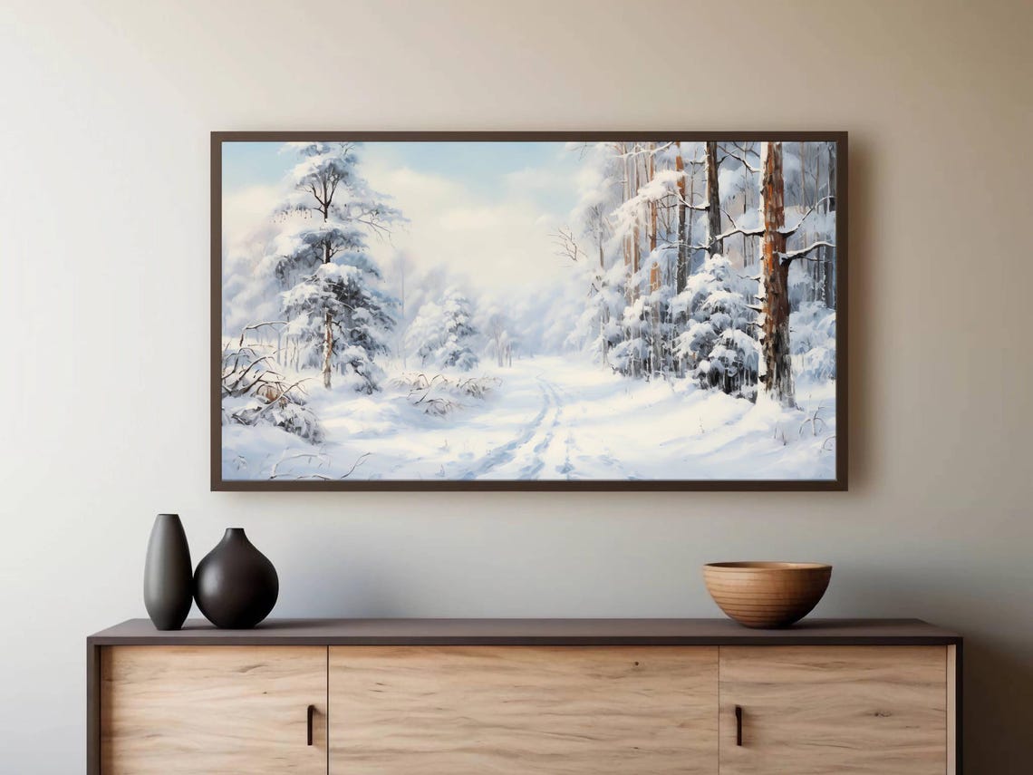 Sunlit Snowy Forest Path Lined with Tall Winter Trees Wall Art - Image 2