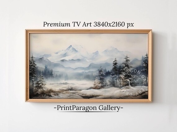 Panoramic Snowy Mountain Winter Watercolor 16x9 TV Art Wall Art