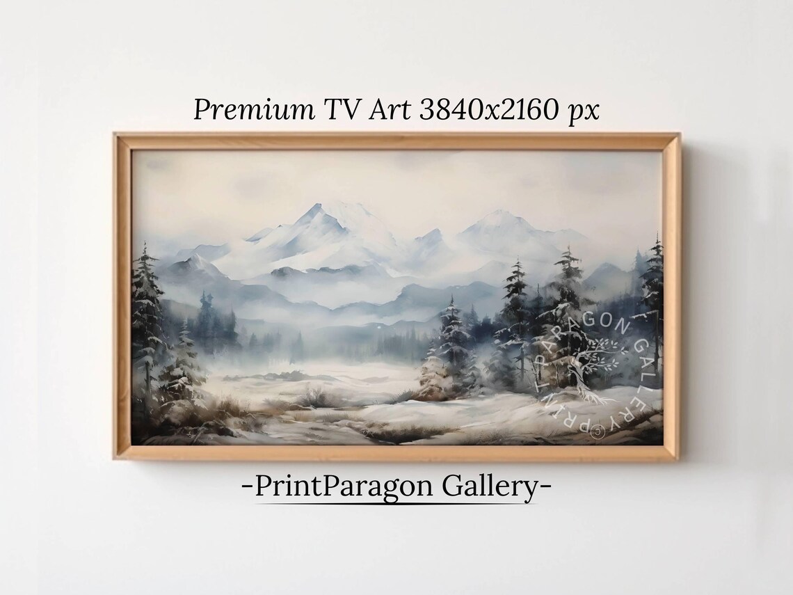Panoramic Snowy Mountain Winter Watercolor 16x9 TV Art Wall Art