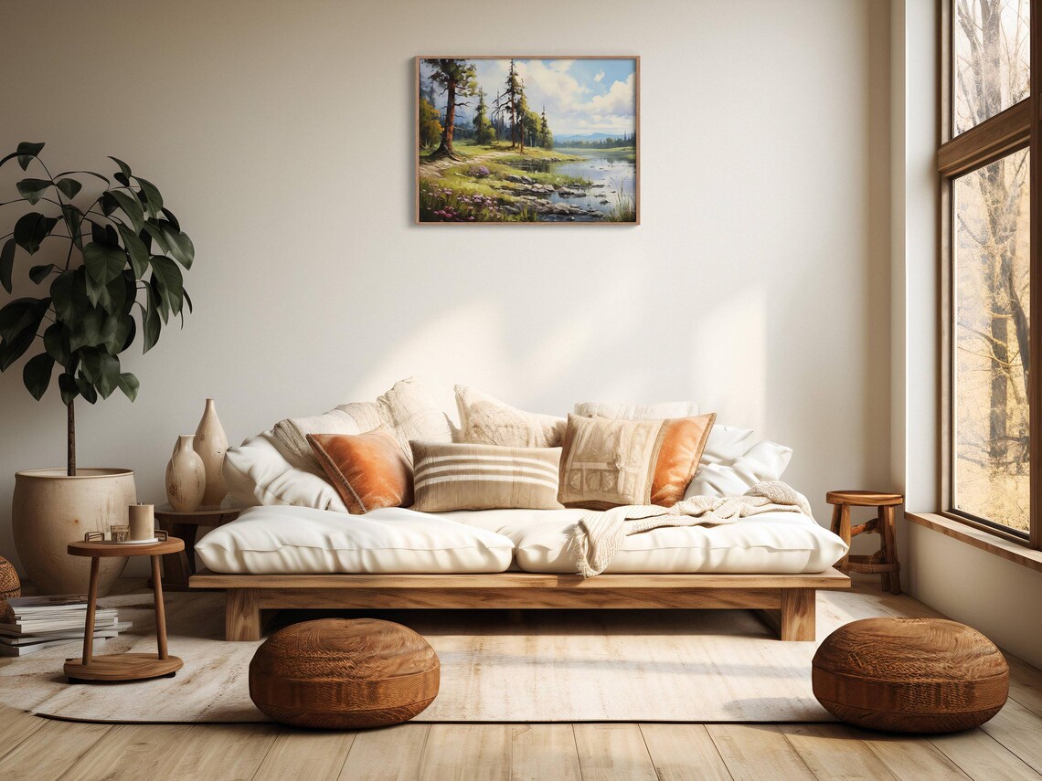 Summer Riverside Tall Pines Wildflowers Rocky Bank Oil Painting Nature Wall Art - Image 2