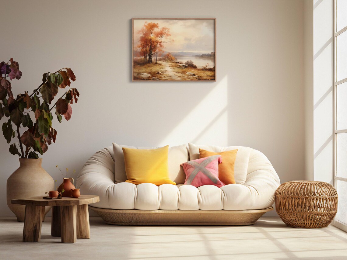 Warm Autumn Lakeshore Oil Painting Amber Trees Misty Calm Water Poster - Image 2