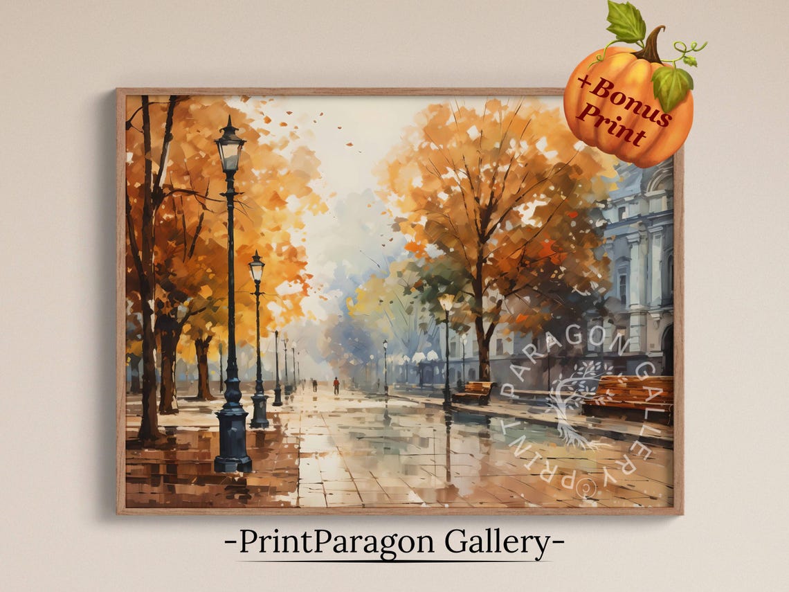 Rainy Autumn Street with Lampposts and Golden Trees Wall Art