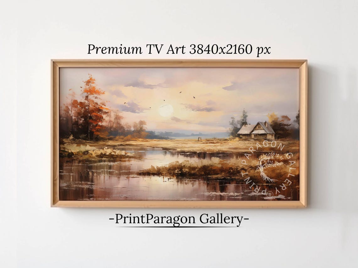 Autumn Cottage Beside a Still Pond at Golden Sunset Countryside Poster