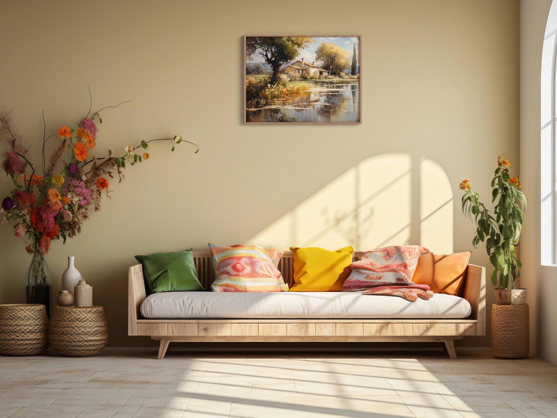 Rustic Countryside Lake House Oil Painting Wildflower Shoreline Poster - Image 2