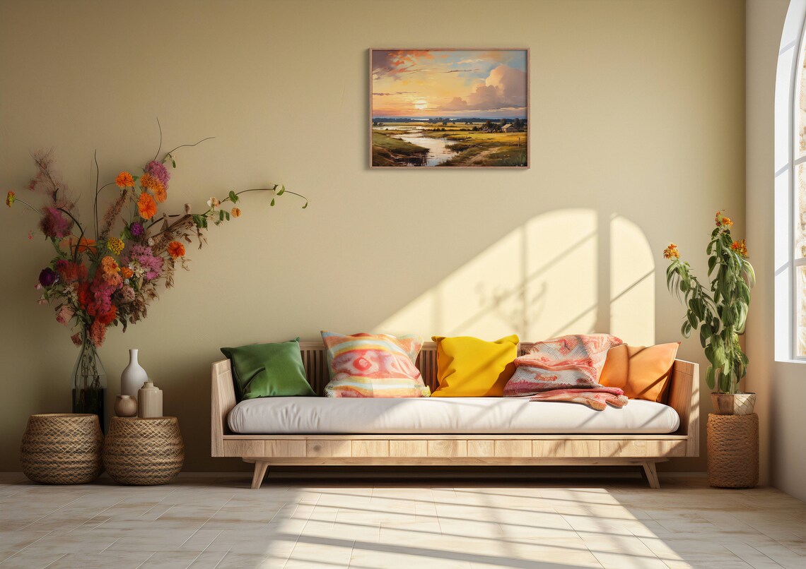 Sunset Over Marsh River Valley With Cottage Oil Painting Countryside Wall Art - Image 2