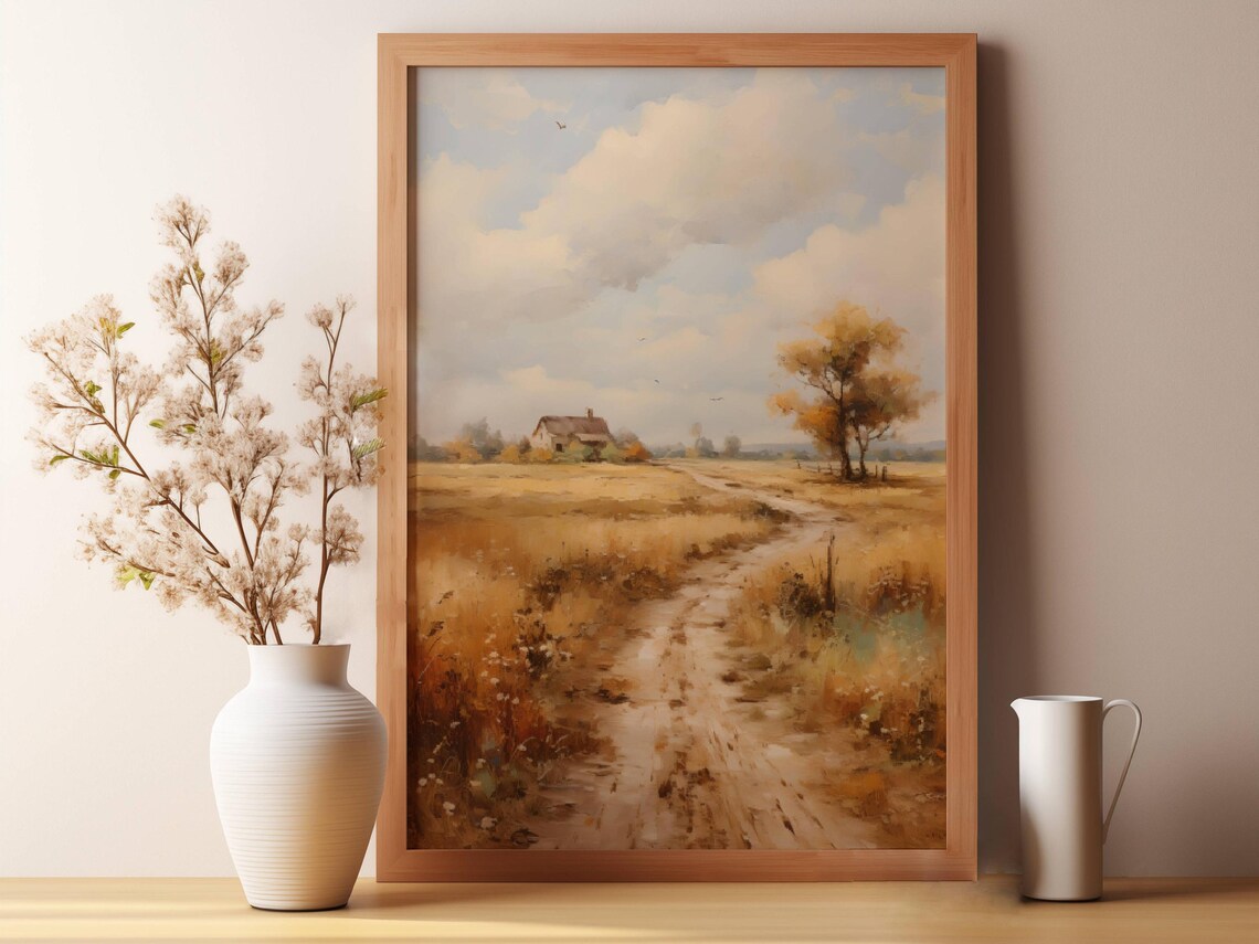 Golden Wheat Field Country Cottage Dirt Road Fall Landscape Poster - Image 2