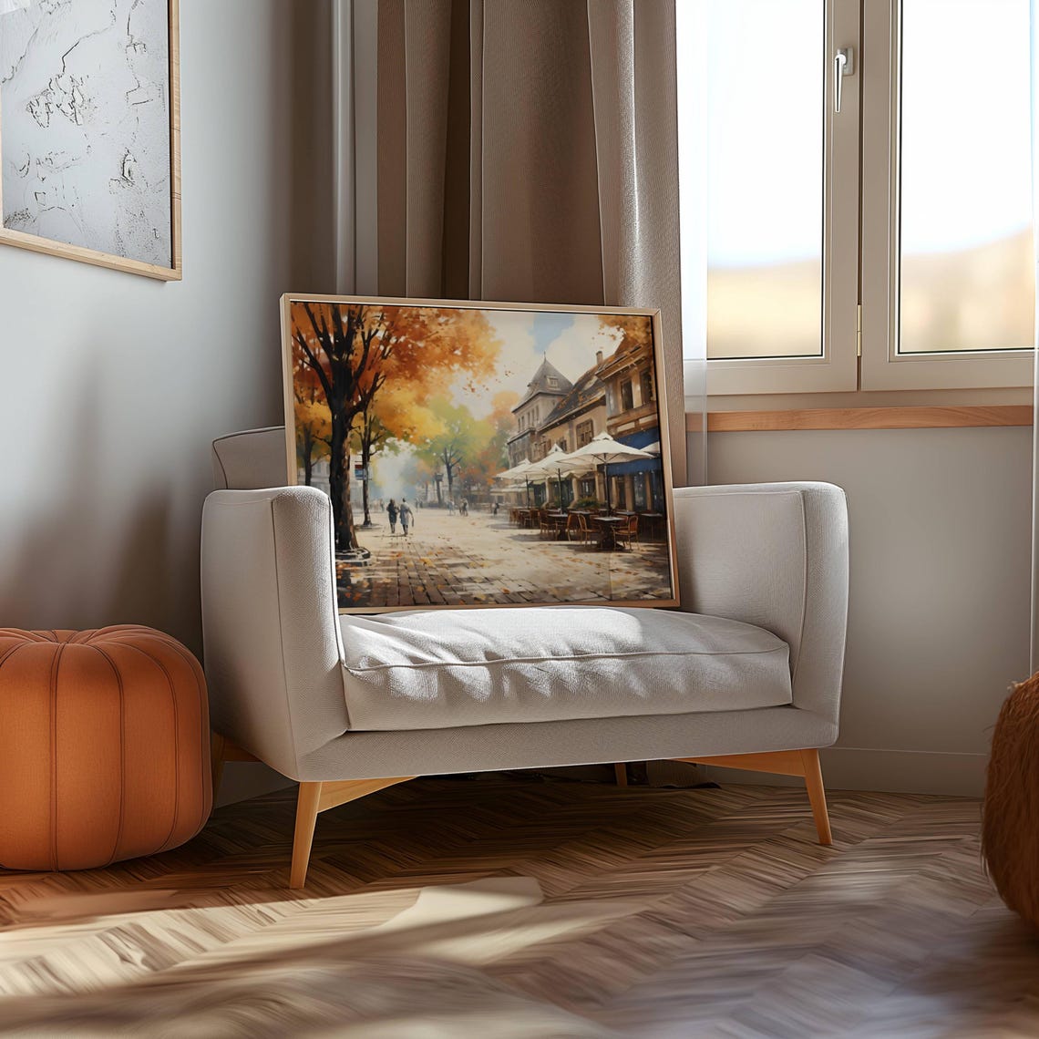 Sunny Autumn Town Square with Cafe Umbrellas and Cobblestones Wall Art - Image 2