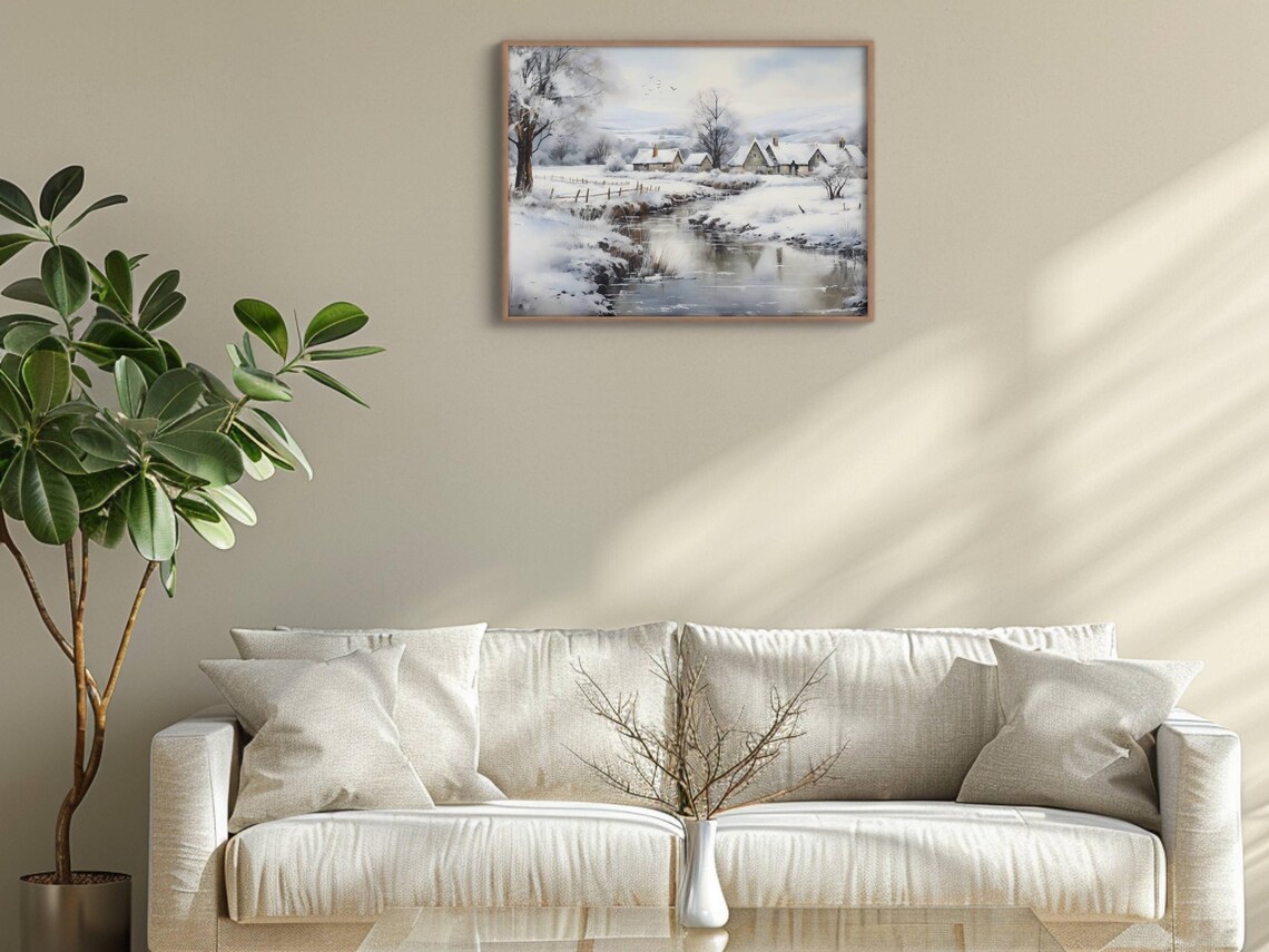 Snowy Winter Village Cottages Stream Vintage Landscape Poster - Image 2