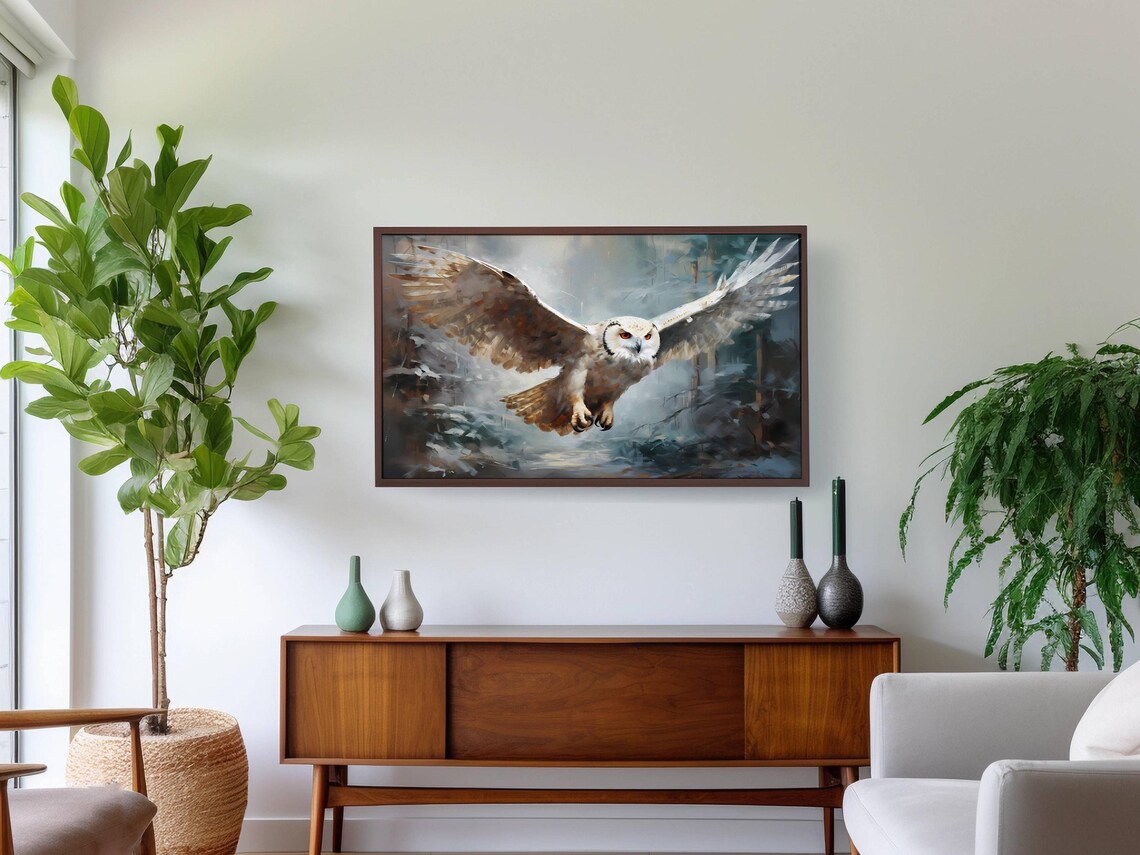 Snowy Owl In Flight Over Winter Forest White Wings Wildlife Poster - Image 2