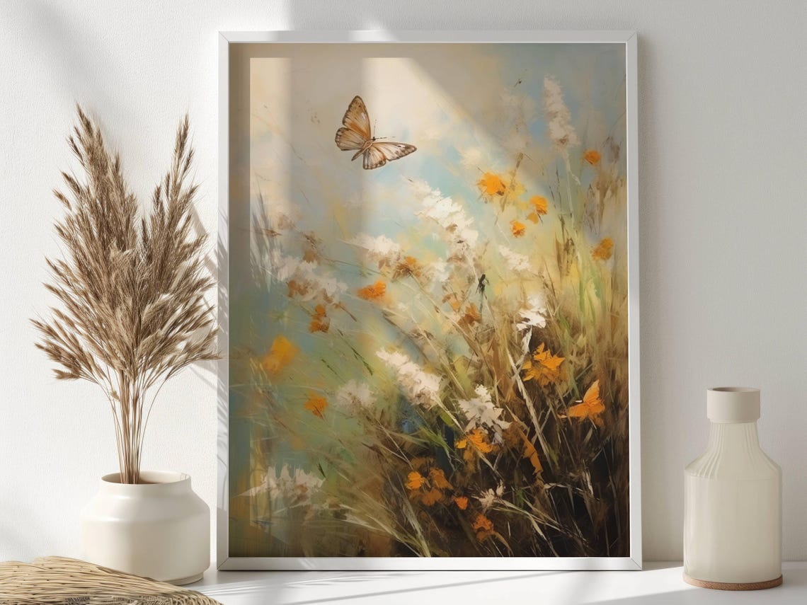 Spring Meadow Wildflowers with Butterfly Soft Impressionist Poster - Image 2