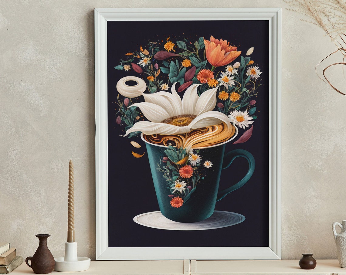 Blooming Coffee Cup Wildflower Bouquet Dark Botanical Art Poster