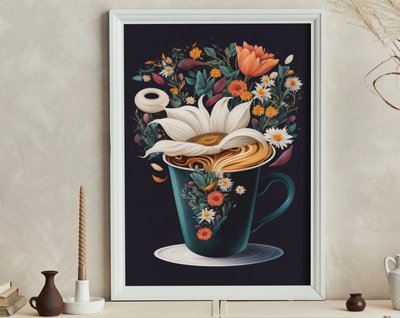 Boho Chic Coffee Cup With Flowers Poster Artwork Print At Home Wall Art Wall Art Print Instant Art
