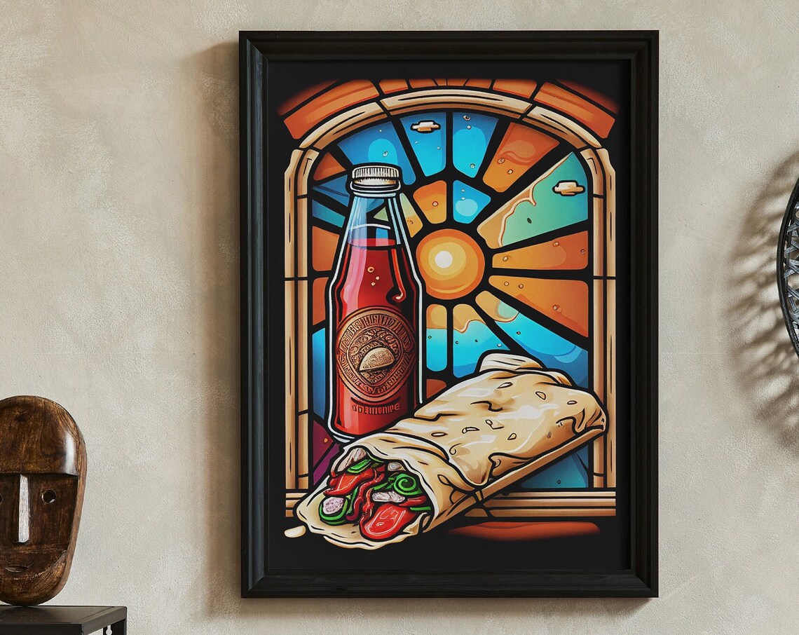 Stained Glass Style Burrito With Hot Sauce Bottle Food Poster