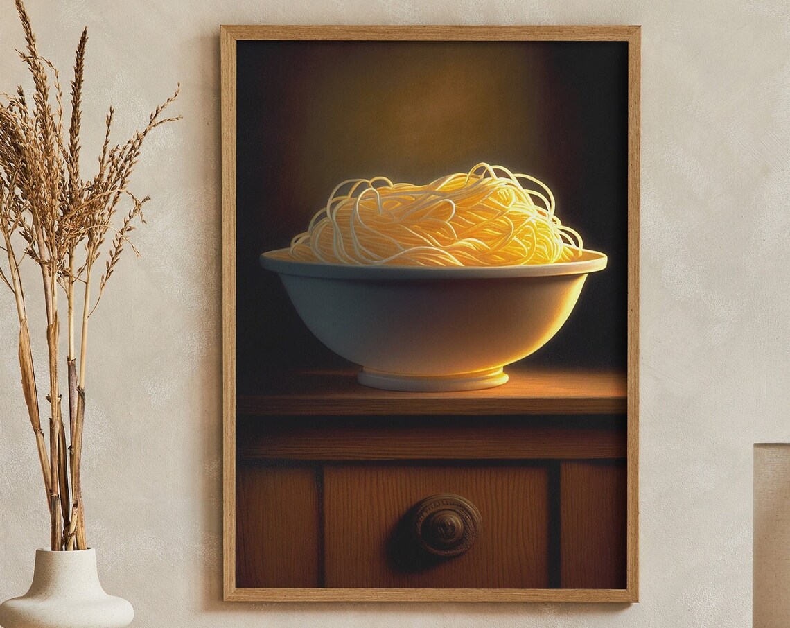 A Bowl Of Golden Spaghetti In Warm Light Moody Kitchen Art Poster