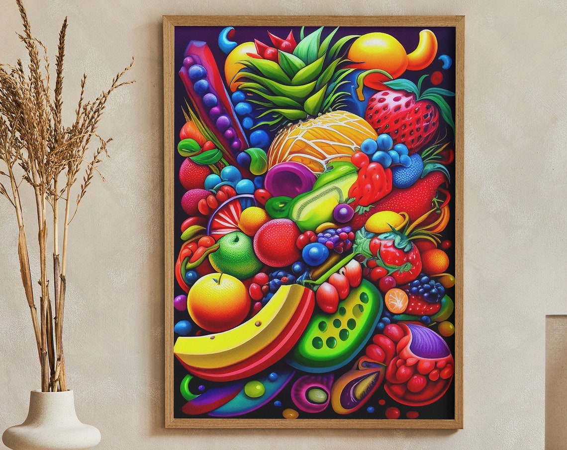 Neon Tropical Fruit Explosion Psychedelic Abstract Still Life Poster