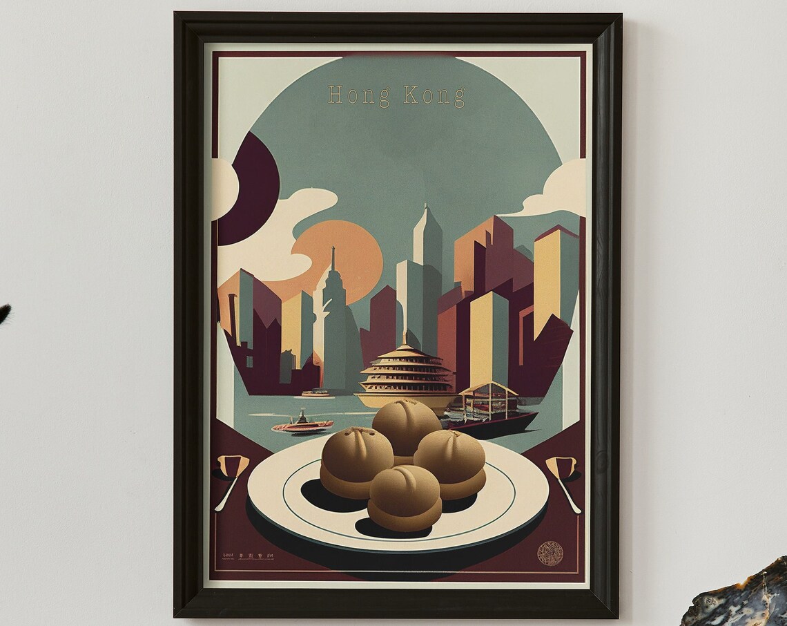 Hong Kong Dim Sum Harbor Scene Retro Art Deco Food Travel Poster