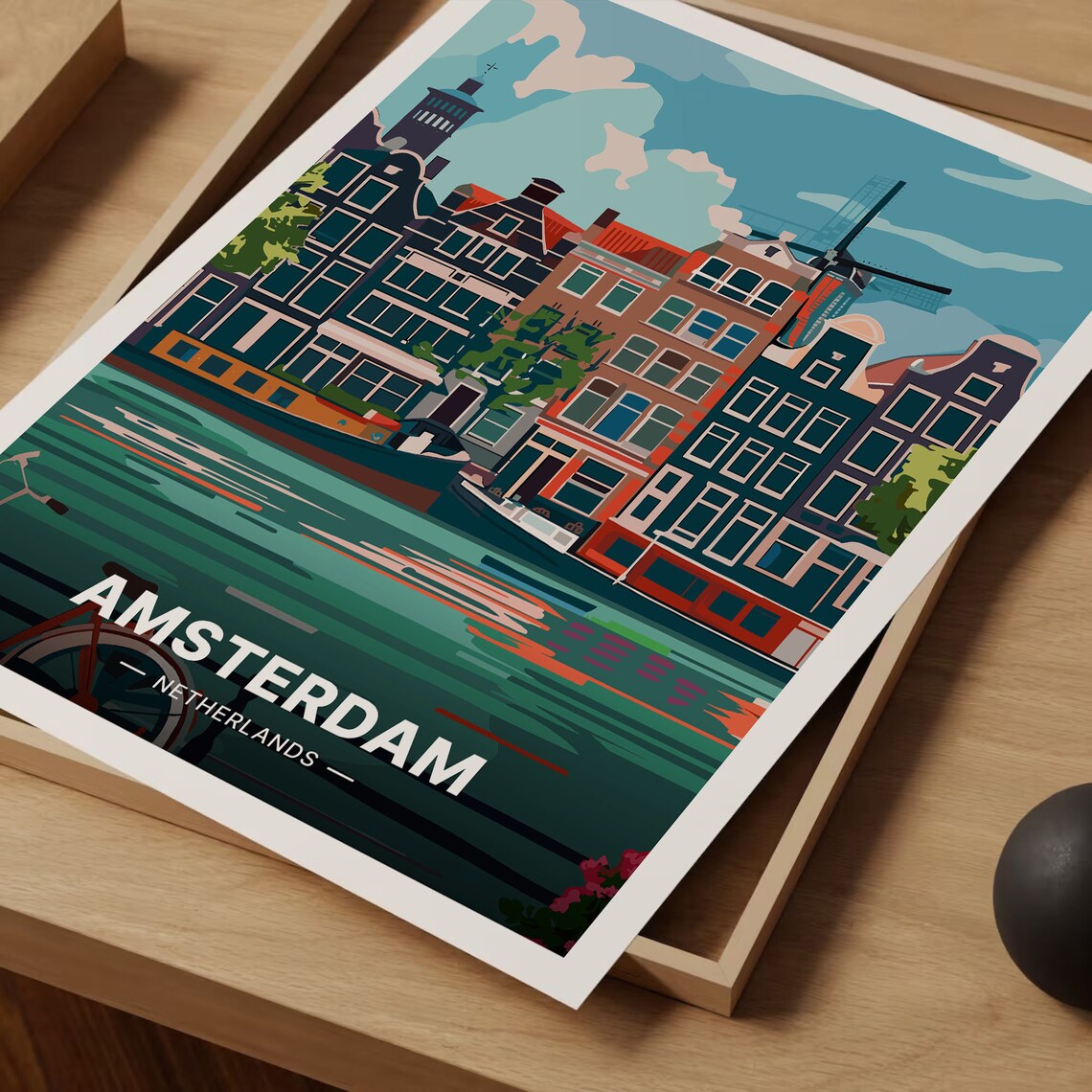 Amsterdam Netherlands Canal Houses Windmill Boat Travel Poster - Image 3