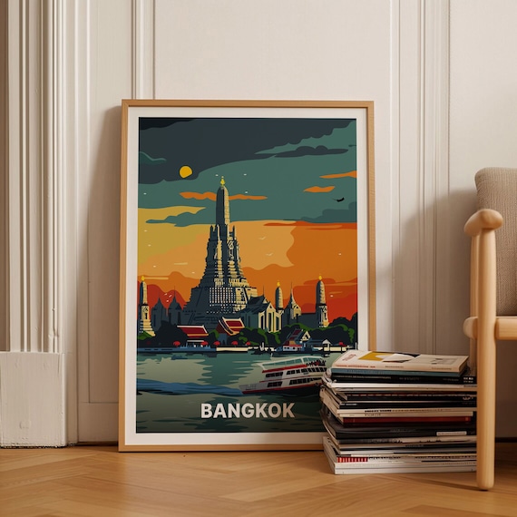 Bangkok Thailand Wat Arun Temple Sunset River Vintage Travel Poster